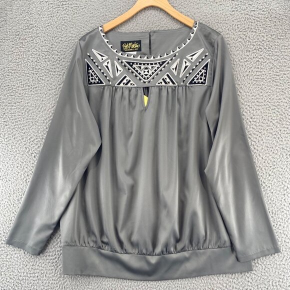 Bob Mackie Top Womens Large Gray Satin Wearable Art Embroidered Long Sleeve NWT - Picture 1 of 10